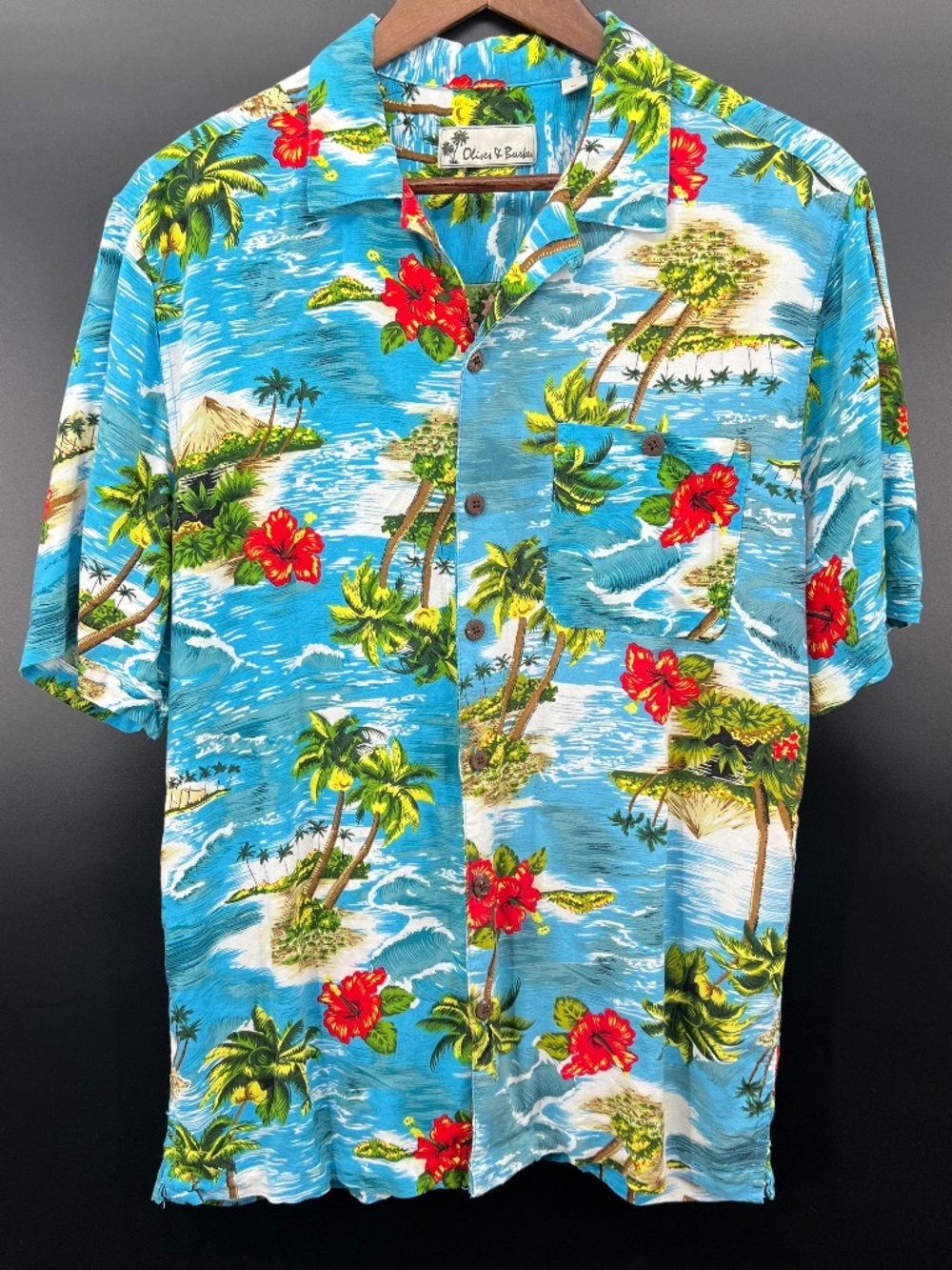 Oliver & Burke Shirt Men's XL Shirt Blue Tropical Hawaiian Palm Hibiscus Summer